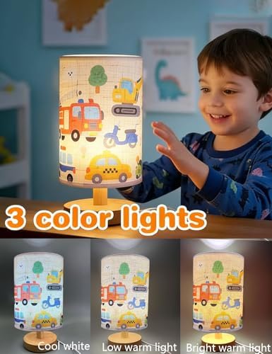Kids Lamps for Bedrooms Boys, Car Lamp,3 Level Dimmable Wood Nightstand Desk Base Flaxen Fabric Shade for Bedroom Living Room,Car Gifts for Boys (car)