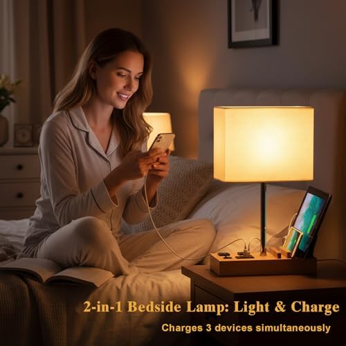 Briever USB Table Lamp, Multi-Functional Desk Lamp with 2 AC Outlets, Bedside Lamp with 3 USB Charging Ports and Wooden Phone Stands, Nightstand Lamp for Bedroom, Livingroom, Office, Natural Wood