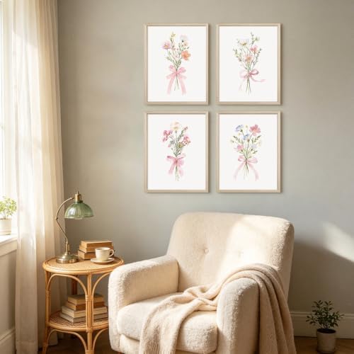 Pink Flower Wall Art Decor Cute Floral Pictures Coquette Bow Girl Prints | Nursery Canvas Wall Art Aesthetic Poster Painting Pink Floral Artwork for Teen Girls Room 12x16 Inch Framed Set of 4