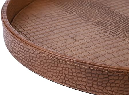 HofferRuffer Large Round Serving Tray 24'', Elegant Faux Leather Circle Ottoman Table Tray, Serve Tea Coffee Breakfast in Bedroom Living Room Kitchen (Antique Brown, 24'')