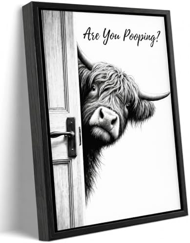 Framed Funny Bathroom Wall Art, Highland Cow Are You Pooping Canvas Print, Black and White Humor Bathroom Animal Decor for Restroom Toilet 12x16in