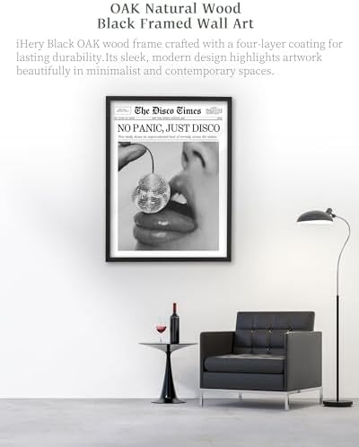 iHery 16x20in No Panic Just Disco Black Framed Newspaper Wall Art | Premium Black Natural OAK Wood Frame with Canvas Print, Retro Disco Ball Decor for Bedroom, Girl Dorm, Living Room 1Pack