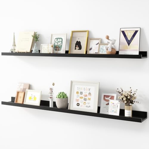Acovy Picture Ledge Shelf, Wood Long Floating, Set of 2, 48 inch, Black