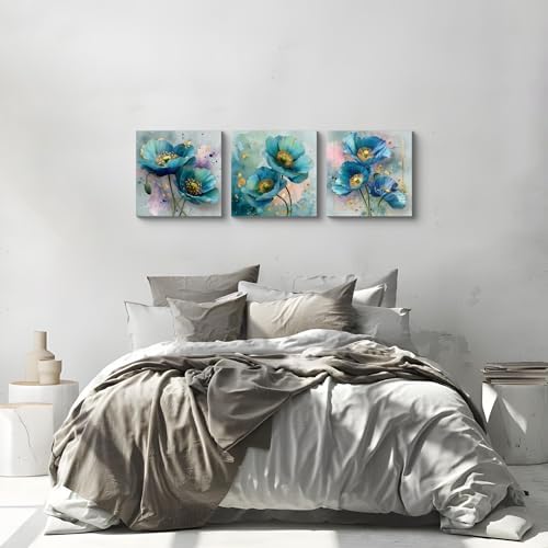 NAN Wind 3Pcs Blue Teal Poppy Flower Wall Art Canvas Print with Gold Accents Modern Botanical Floral Contemporary Watercolor Style Elegant Flower Artwork for Living Room Bedroom Home Office Wall Decor