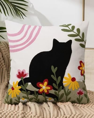 JASEN Embroidered Cat Throw Pillow Cover 18x18 Inch - Decorative Cotton Pillow Case for Couch, Sofa, Bedroom, Living Room - Farmhouse Home Aesthetic Housewarming Gifts