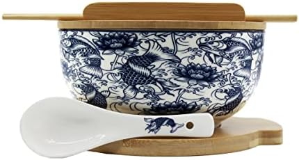 XWORLD Japanese Ceramic Ramen Noodle Bowls Set with Ceramic Spoon, Bamboo Chopsticks, Lid & Trivet, Serving Capacity of 33.8 OZ, Microwavable Oven Safety (3.3” x 6.6” D) (Blue Fish)