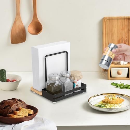 Napkin Holder, Wood Metal Napkin Holder for Table with Salt and Pepper Shakers Caddy, Standing Paper Napkin Dispenser for Kitchen Dining Countertop Decor, Wood & Metal Base, Black (Pack of 2)