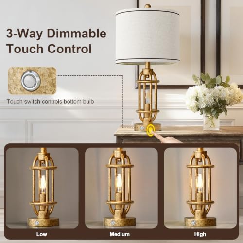 G-SAFAVA 23.75'' Table Lamps Set of 2 for Living Room Bedroom Industrial Farmhouse Metal Touch Lamps with USB A+C Ports, Night Light Vintage Nightstand Bedside Lamp, Bulbs Included, Champagne Gold