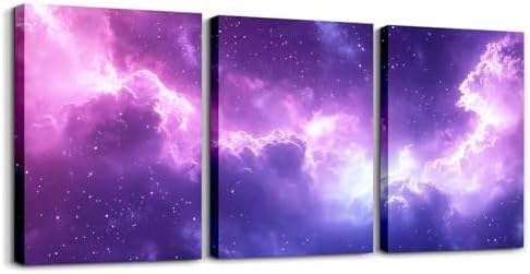 Feelyou Purple Galaxy 3 Piece Canvas Wall Art for Living Room Bedroom 3D Printed Space Wall Art for Home Decor Dreamy Nebula Office Decor Artwork Outer Space Picture Painting Posters