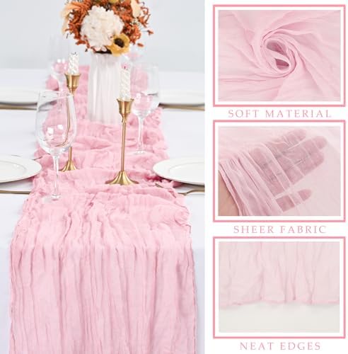 Light Pink Cheesecloth Table Runner 10FT Runner for Tables Gauze Fabric 35 x 120 Inches Long Boho Table Runner Decoration Rustic Sheer Runner for Wedding Birthday Baby Shower Party (Light Pink)