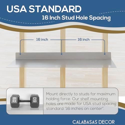 36x8 in Metal Floating Shelf Silver Wall Mounted - Made in The USA - Bedroom, Living Room, Bathroom, Kitchen