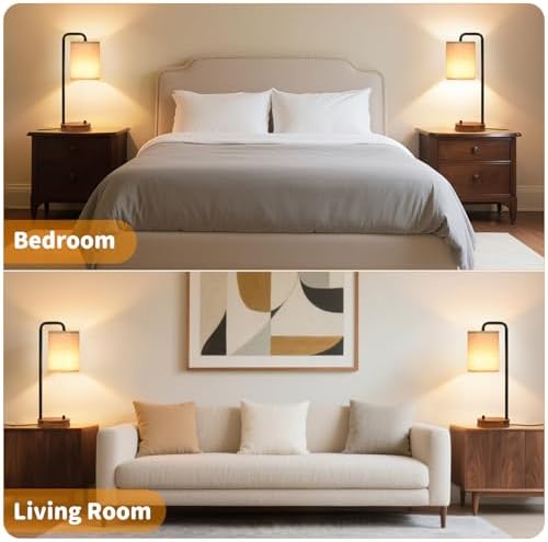 Table Lamps Set of 2 with USB Ports and Wooden Base, Bedside Nightstand Lamps with Warm White Bulbs, Fabric Shade for Bedroom, Living Room, Office, Boho