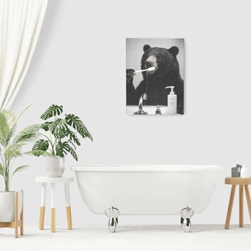 Crekviy Funny Black Bear Bathroom Decor Wall Art Bear Pictures Cute Animal Canvas Prints Painting Artwork Home Decorations Framed Gifts 12"x16"