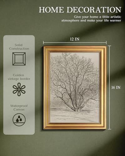 WHASAYART Gold Framed Vintage Wall Art for Living Room, Tree Painting Prints Shelf Decor for Kitchen, Sketch Bedroom Wall Art, Autumn Gifts for Friends or Family - Locust Tree 16L x 12W