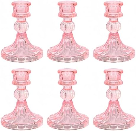 Pink Glass Candlestick Holders, Taper Candle Holders, Set of 6