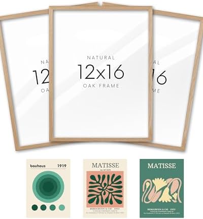 KensTro 12x16 Oak Picture Frames Set of 3 with Green Art Prints | Natural Solid Oak Wood Frames with 3 Coordinating Green Abstract Prints for Posters, Photos, Paintings and Gallery Walls