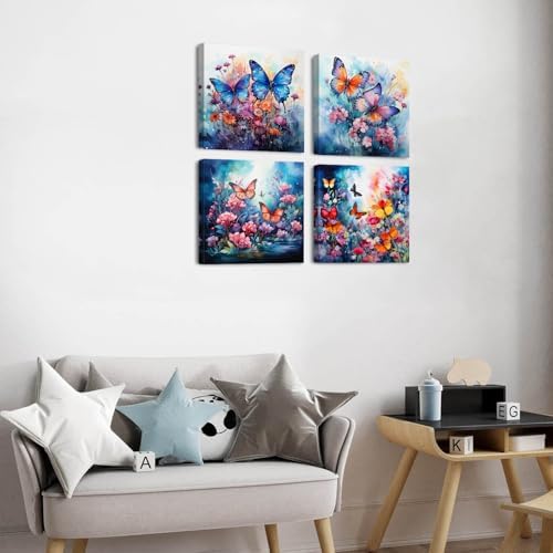 Abstract Wildflower Canvas Wall Art Bathroom Decor Colorful Butterfly Canvas Prints Pictures Watercolor Daisy Poppy Floral Nature Flowers Artwork for Living Room Bedroom Home Decorations 16x16" 4Pcs