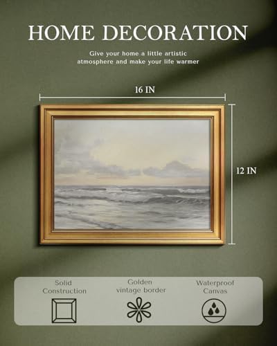 WHASAYART Gold Framed Vintage Wall Art for Living Room, Landscape Painting Prints Shelf Decor for Kitchen, Aesthetic Bedroom Wall Art, Christmas Gifts for Friends or Family (Sea or Sky - 12"x16")