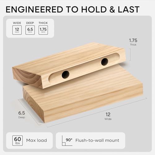 Homeforia 12 Inch Floating Shelves, High-End Solid Pine Wood, Set of 3