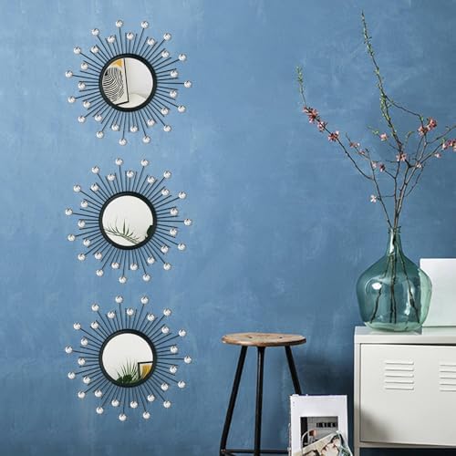 3 Pack Metal Mirrors for Wall Sunburst Wall Mirrors Home Décor Decorative Hanging Wall Art for Living Room Bedroom Entryway (Black Crystal, Sunburst)