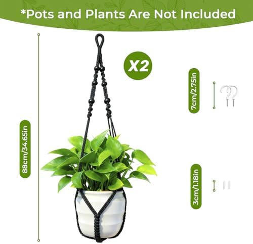 Macrame Plant Hanger, Up to 4-15 inch Pots, Wood Beads Cotton Hanging Planter Holder for Indoor Outdoor Boho Home Decor, 35 Inch, Set of 2 (Black)