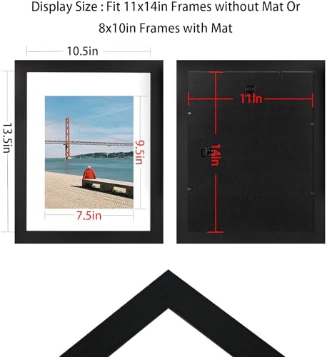 Black Wooden 11x14 Picture Frame, Displays 11x14 Picture without Mat or 8x10 Picture with Mat
