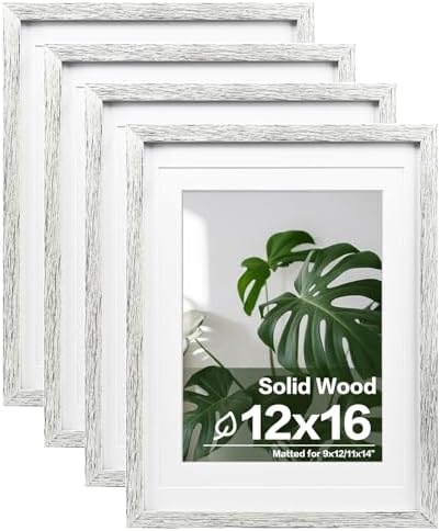 Egofine 12x16 Picture Frames Set of 4, Made of Solid Wood Covered by Plexiglass 9x12 and 11x14 with Mat or 12x16 without Mat, for Wall Mounting Photo Frame Driftwood White