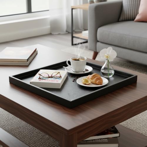 25x25 Inch Square Ottoman Tray - Faux Leather Large Serving Tray for Couch/Coffee Table, Family Dinner, Picnic, Party Decor （25 inch Black）