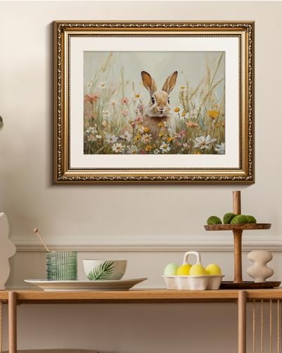 WHASAYART Vintage Gold Framed Wildflower Meadow Cute Rabbit Canvas Wall Art | Rustic Nature Oil Painting, Nursery Kids Room Cottagecore Farmhouse Animal Wall Decor, 13x16" Waterproof Canvas Painting