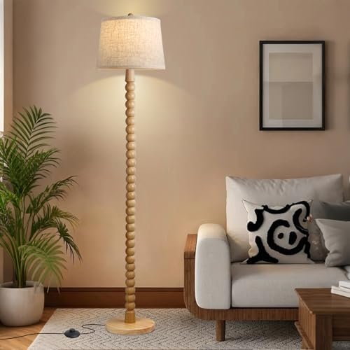 Real Wood Floor Lamp for Living Room,Wooden Standing Lamp with 3 Color Changing Bulb Included, Tall Lamp with Linen Shade,Farmhouse Floor Lamp for Living Room,Bedroom,Corner,Dining Room and Office