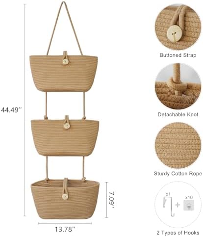 TeoKJ Over the Door Hanging Baskets with Wooden Button, 3-Tier Woven Cotton Storage Organizer Bag, Wall-Mounted with Hook Decorative Hanging Nursery Baskets, Jute