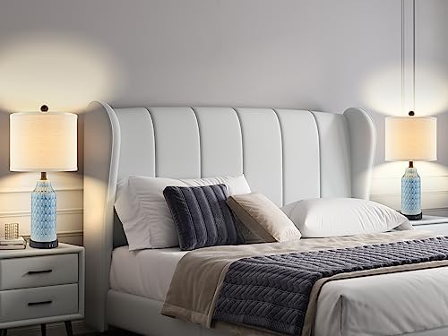 Cinkeda Ceramic Table Lamps for Bedroom Set of 2,Touch Lamp with USB Ports for Nightstand, 3-Way Dimmable Blue Coastal Bedside Lamps for Bedroom Living Room End Table Side Table(Bulbs Included)