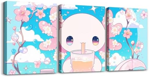 Feelyou Axolotl 3 Piece Canvas Wall Art for Living Room Bedroom Cute Axolotl Cherry Wall Art for Home Decor Eat Dessert Office Wall Decor Milk Tea Wall Painting