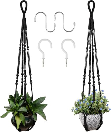 RIFNY Macrame Plant Hanger Indoor, Hanging Plant Holder, Black, 2 PCS