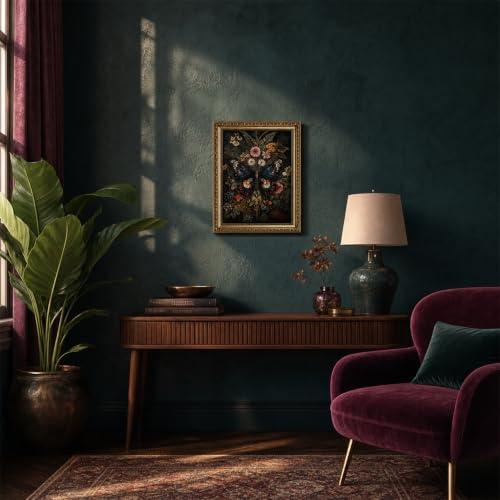 Vintage Gold Framed Butterfly Wall Art Dark Academia Canvas Art Prints | Dark Moody Floral Pictures Gothic Botanical Paintings Wall Decor Artwork for Living Room Bedroom 16x24in