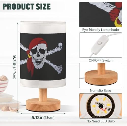 Table Lamp Pirate Skull Crossbones Nightstand Lamp with Wood Base Fabric Lamp Shade Bedside Desk Lamp for Living Room Bedroom Kids Room Office