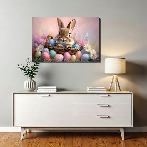 Oversize Vivid Easter Bunny Eggs Framed Canvas Wall Art for Bedroom, Colorful Easter Canvas Prints Pictures Wall Decor for Home, Kitchen, Office, Bar Artistic Wall Decorations