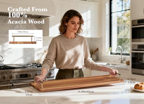 Large Charcuterie Board with Metal Handles – 32" Acacia Wood Serving Board for Cheese, Meat & Appetizers – Extra Long Kitchen Platter for Gatherings, BBQ & Home Decor