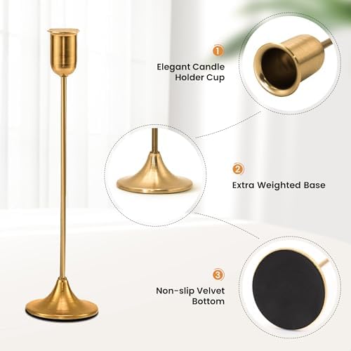EAST FLAME Brass Gold Candle Holder - 3 PCS Taper Candlestick Holders - Vintage Candle Stick Holders - Modern Home Decor Centerpiece - Cozy Atmosphere Gift for Home Decor, Wedding, Housewarming Gift