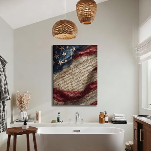 RIBNTAK 4th of July Wall Art Canvas Prints Pictures Patriotic American Flag Artwork Constitution Decor Americana Wall Decor Rustic Vintage Home Decorations for Living Room Bedroom Office Farmhouse