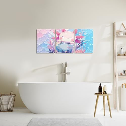 Feelyou Boys Girls Pink Axolotl Canvas Wall Art for Living Room Bedroom Salamander Wall Painting Posters and Prints Kids Sealife Picture Wall Decor Ocean Animal Bathroom Wall Art 12"x16"x 3Pcs