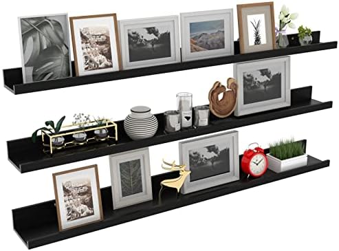 Giftgarden 47 Inch Black Floating Shelves Ledge, Wall Mount Long Picture Rail Large Woodgrain Photo Shelving for Living Room Bedroom Office, Set of 3 Different Sizes