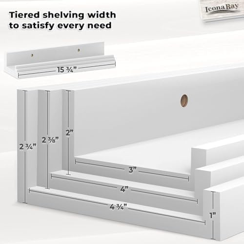 Icona Bay 16 Inch Floating Shelves for Wall - Set of 3 in Powder White - Modern Rustic Style - Wall Mounted Display Shelves - Picture Ledges