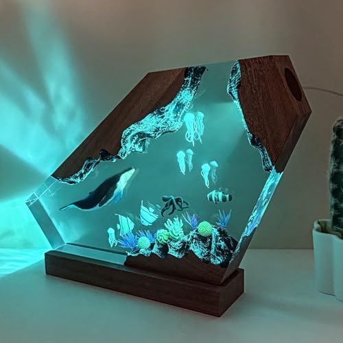 Handmade Blue Whale Resin Lamp with Wood Base