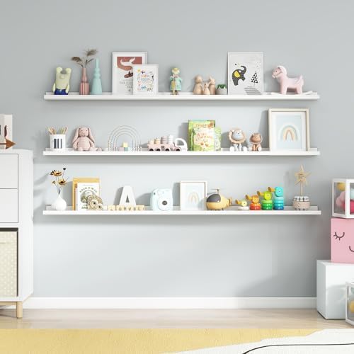Axeman Picture Ledge Shelf, 72 Inch White Floating Shelves Set of 3