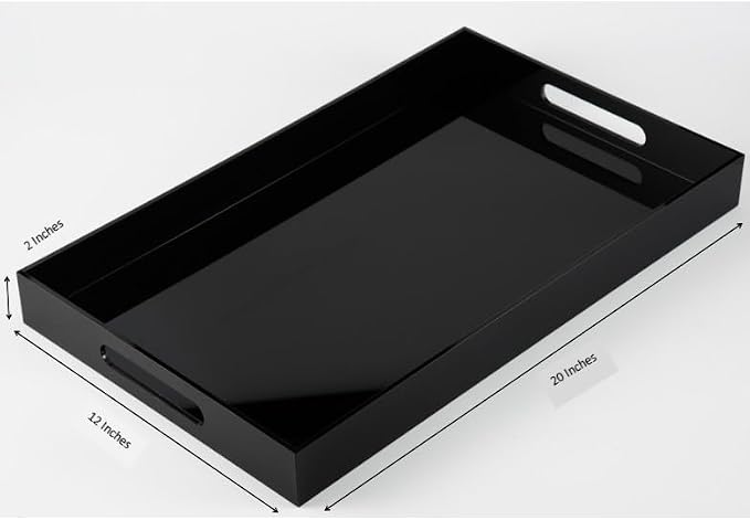 Glossy Black Sturdy Acrylic Serving Tray with Handles-12x20Inch-Serving Coffee,Appetizer,Breakfast,Butler-Kitchen Countertop Makeup Drawer Organizer-Vanity Table Ottoman Decorative Tray