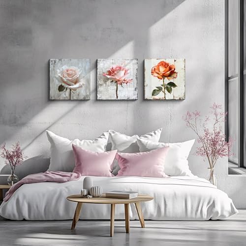 NAN Wind 3 Panel Rose Canvas Art with Distressed Wood Frame Vintage Botanical Wall Art for Farmhouse Decor Pink Orange Rose Gallery Wall Set Ready to Hang Floral Prints for Living Room Bedroom Kitchen