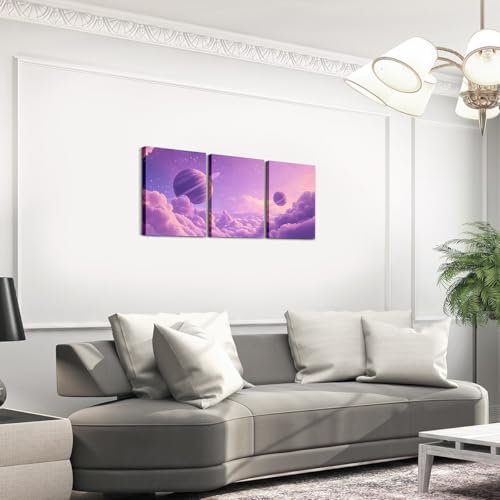 Feelyou Purple Galaxy 3 Piece Canvas Wall Art for Living Room Bedroom Starry Solar System Wall Art for Home Decor 3D Printed Space Office Decor Artwork Dreamy Nebula Picture Painting Posters