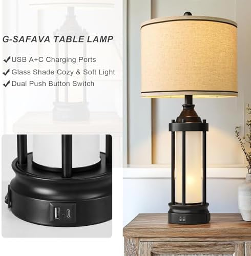 25'' Table Lamps for Bedroom Living Room Lamps Set of 2 Farmhouse Nightstand Bedside Lamps with USB Ports, Built-In Frosted Glass Night Light Industrial Metal Night Stand Lamp, Bulbs Included, Black