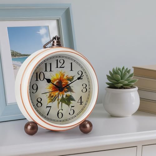 Classic Vintage Table Clock - 5.2in Cute Sunflower Analog Clock, Silent Non-Ticking Desk Clock with Distressed Metal Frame for Office, Living Room or Bedroom (Sunflower)